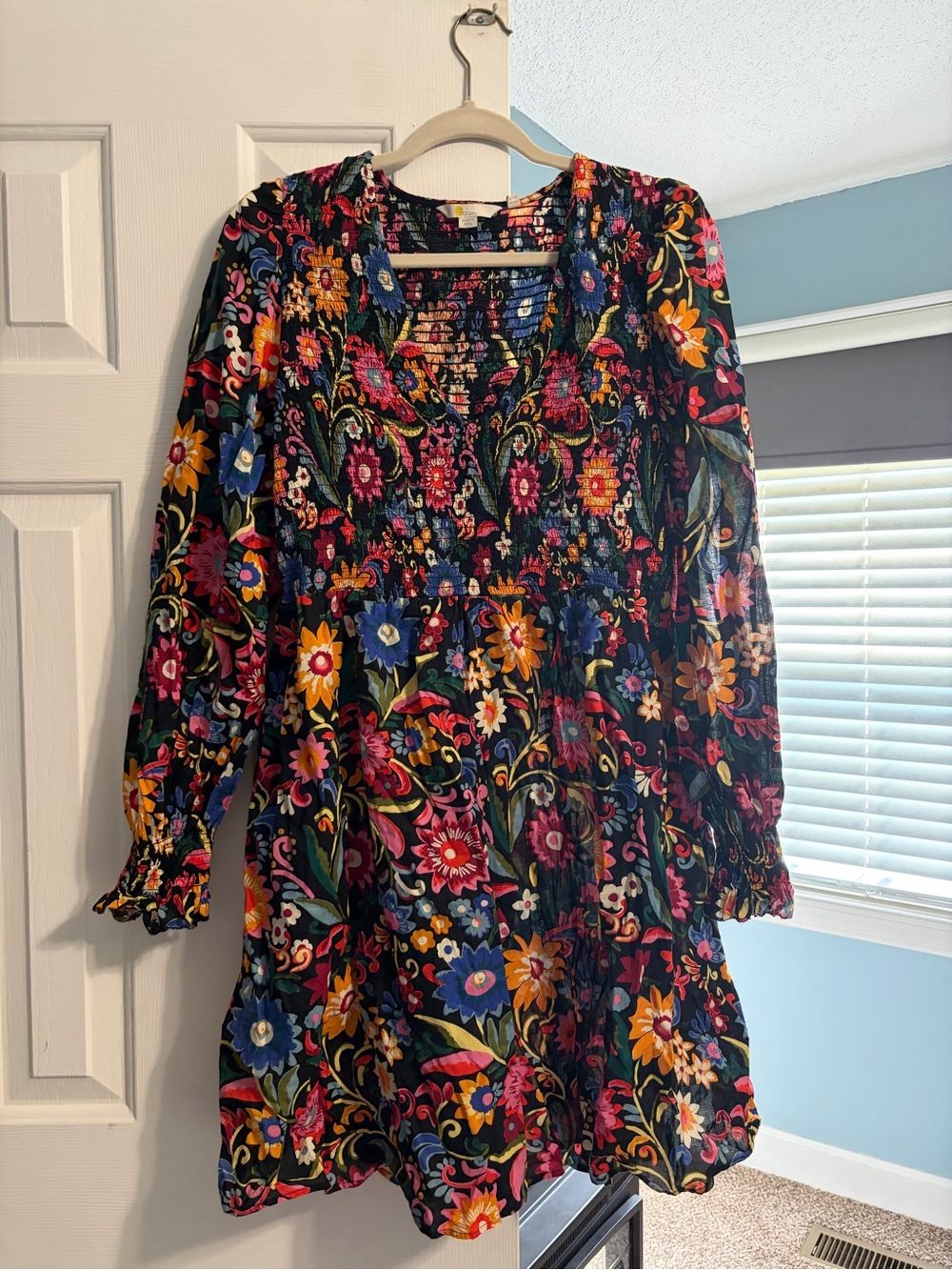 Boden Floral Smocked Long-Sleeve Dress - Black Multicolor